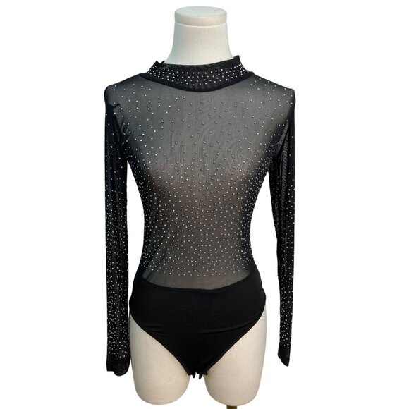 Sheer Black Long Sleeve Bodysuit With High Neck & Back Zipper Closure Size S - Picture 1 of 7